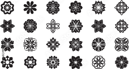 Collection of black and white floral mandala vector icons