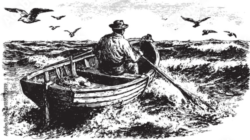 Man rowing a wooden boat in the ocean. Vintage black and white vector illustration featuring seagulls and waves, capturing a nostalgic scene.