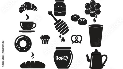 A collection of breakfast food icons including coffee, croissants, and honey.