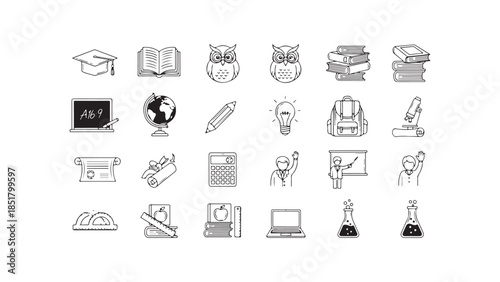 Comprehensive collection of education and learning line art icons for academic themes