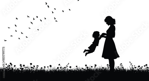  Mother and child silhouette vector illustration, loving mom lifting daughter outdoors with flying birds, family bonding scene for parenting, care, childhood