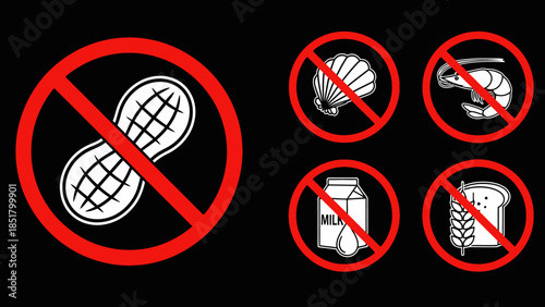 Vector illustration set of forbidden warning icons including no parking and no dogs allowed signs with red circle stop symbols for world safety and business design