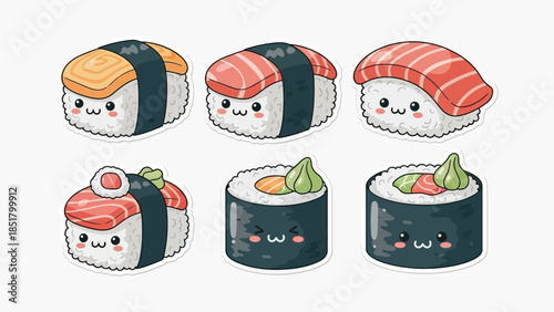 A delicious gourmet Japanese sushi set featuring fresh salmon rolls, raw fish, and rice served on a white plate with wasabi for a traditional Asian seafood meal illustration