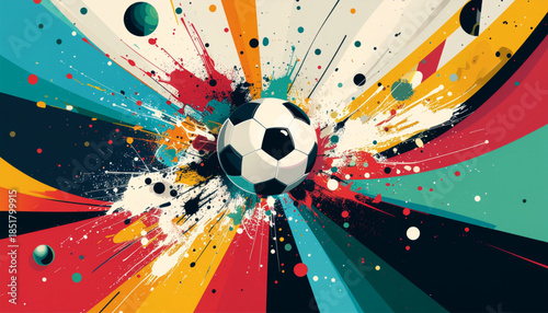 Abstract soccer illustration featuring players and ball with colorful paint splatters. Energetic sports concept for global football tournament and kick off