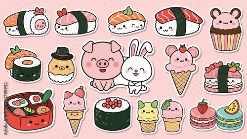 Cartoon vector illustration set of cute Christmas and New Year icons featuring sweet bakery desserts like cupcakes, chocolate cake, and muffins alongside coffee, tea, and festive food elements