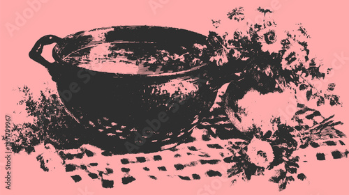 Vintage bowl with flowers, crafted of durable material. Simple kitchen decor displayed on a textured tablecloth, featuring a unique arrangement vector illustration.