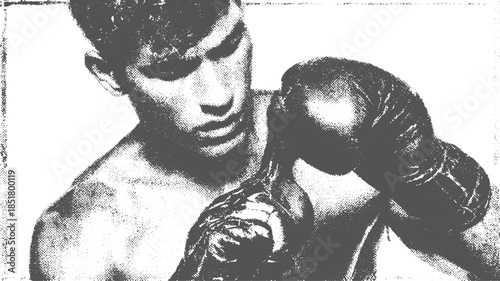 Boxer in gloves trains with focus. Dynamic black and white vector illustration showcasing strength and athleticism in a sport set.