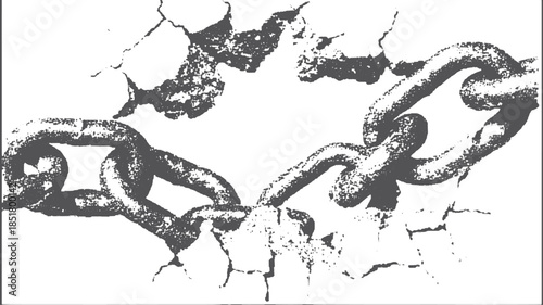 A broken metal chain link vector illustration with a textured black and white design. It highlights vulnerability and strength through its fragmented background.