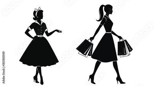 Two silhouettes of women in vintage dresses, one standing and one shopping.