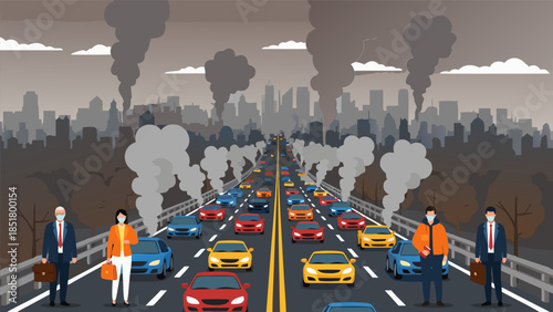 A busy highway choked with traffic and heavy air pollution from a city skyline in the background.