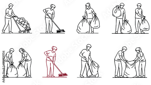 People collecting trash and cleaning up waste with bags and brooms.