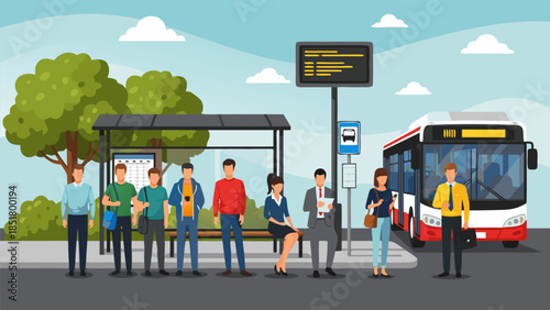 A diverse group of people are waiting at a bus stop for public transportation on a sunny day.