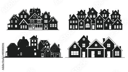 Four distinct silhouette illustrations of residential house clusters.