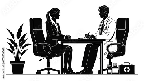 Doctor consults with patient in a professional office setting.