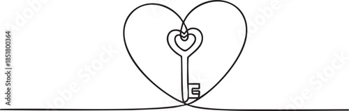 Elegant continuous one line drawing of a heart shaped key symbolizing love and trust in a minimalist Valentine’s Day outline, vector illustration