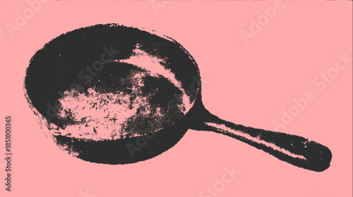 Cast iron pan vector illustration. Black cooking tool with textured surface, isolated on a pink background. Simple modern kitchenware set design.