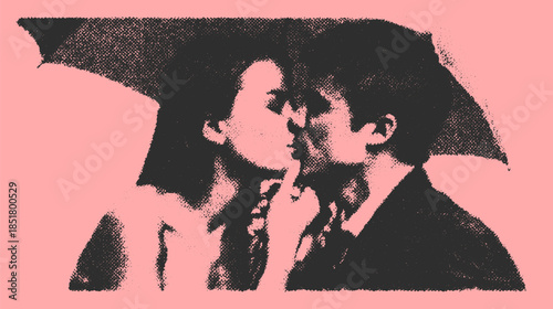 Couple kissing in a romantic portrait style. Black and pink vector illustration showcasing love and intimacy in an elegant design.