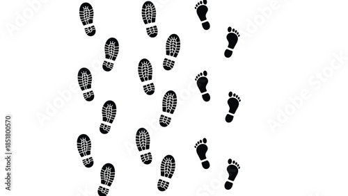 Footprints and boot prints are scattered across a white background.