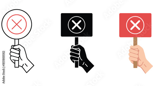 Three hands hold signs with a red cross symbol indicating incorrect answers.