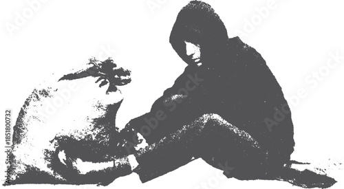 Sitting boy in a hoodie next to a sack. Monochrome vector illustration with a minimalist style, emphasizing silhouette and form in this set.