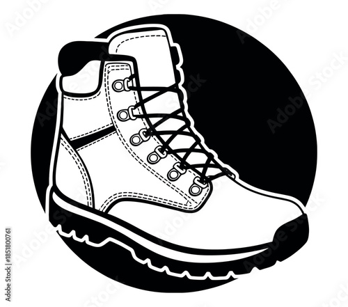 A sturdy work boot with laces is depicted in a black and white illustration.