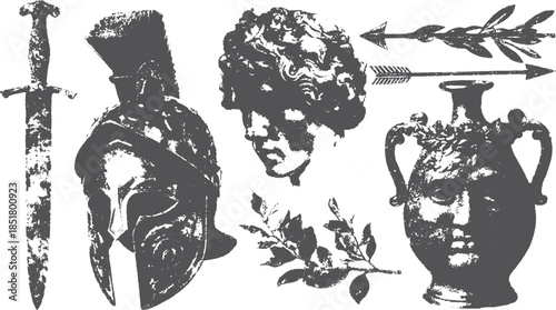 Ancient sword, helmet, head, pot, and arrows in black and white. Classical vector illustration set showcasing historical design and ornate details.