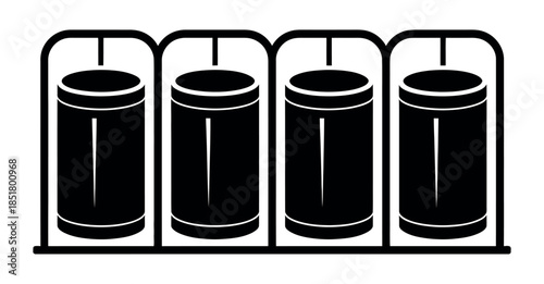 Four black cylindrical containers are displayed on a metal rack.