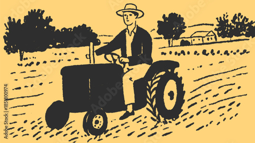 Farmer driving a tractor in a rural field. Simple black hand-drawn vector illustration of an agricultural scene with countryside elements.