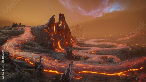 A breathtaking photograph of a desolate alien landscape dominated by flowing rivers of molten lava. Jagged obsidian cliffs rise dramatically from the fiery expanse, streaked with vibrant yellow sulfur
