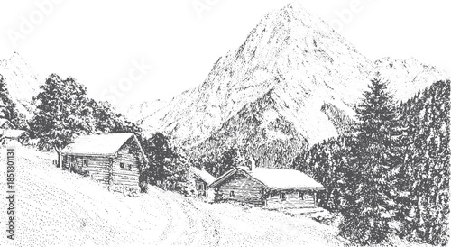 Mountain landscape illustration featuring rural houses and pine trees. Black and white vector set with a simple design and tranquil atmosphere.