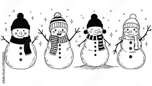Four smiling snowmen stand in a row wearing hats and scarves.