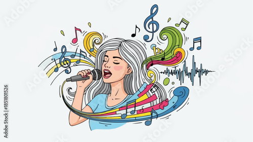 Woman singing with musical notes and sound waves emanating from her.