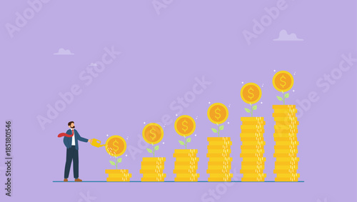 Businessman watering compound interest seedling growth. Compound interest growth, savings, investment or wealth accumulation formula, interest rate principal, profit or earning, prosperity.