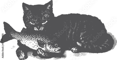 Vintage illustration of a cat with a fish. Detailed vector artwork featuring a black and white design centered on the domestic creature.