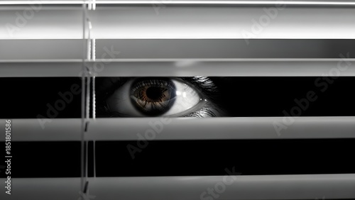 An intense, fearful eye stares out through the slats of white venetian blinds, conveying a sense of surveillance, paranoia, secrecy, and real fear in a dark, ominous atmosphere.