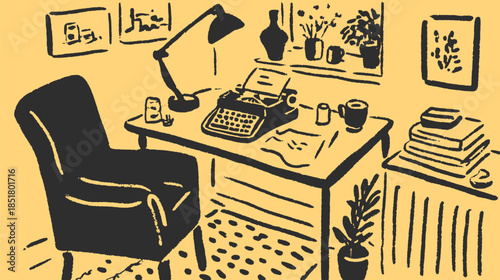 Office desk with a typewriter and chair. Simple vector illustration featuring plants, a lamp, and books in a cozy set.