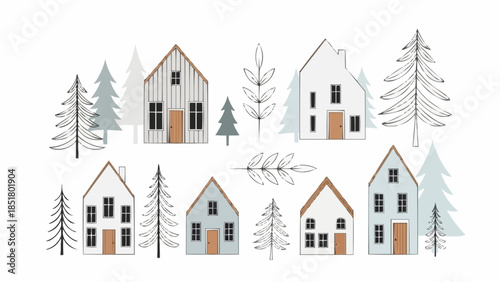Charming Collection of Scandinavian Style Houses and Pine Trees.