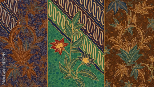 Intricate Batik Fabric Patterns with Floral Motifs.