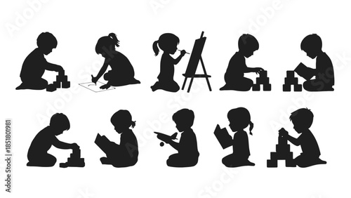 Children's silhouettes engaged in various activities like playing and drawing.