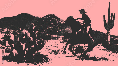 Cowboy on a horse in a desert landscape. Silhouette illustration against a pink background with a cactus in a vintage vector style.