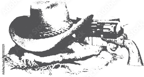 Cowboy hat and revolver in vintage style. Black and white vector illustration set showcasing classic western elements without unnecessary details.