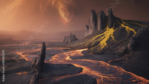A breathtaking photograph of a desolate alien landscape dominated by flowing rivers of molten lava. Jagged obsidian cliffs rise dramatically from the fiery expanse, streaked with vibrant yellow sulfur