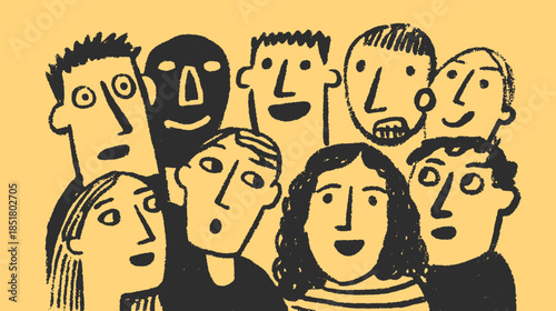 Illustration of people's faces in a drawn style. Simple black artwork on a yellow background representing community and diversity in a vector set.