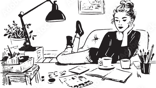 Woman sitting at a desk with coffee, engaged in her drawing. Modern black and white illustration, showcasing a creative workspace vector set.