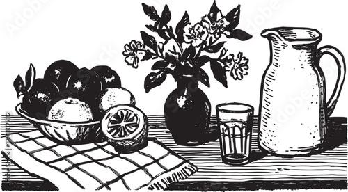 Fruits in a bowl, including oranges and lemons, with a jug, glass, and decorative flowers. This is a simple black and white vector illustration set.