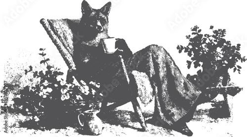 Vintage illustration of a relaxed fox sitting outdoors with a cup, surrounded by plants. This artwork presents a tranquil scene in vector style.