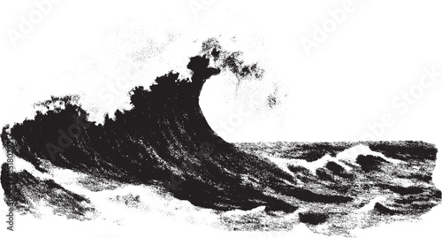 Stylized wave in black and white art. Dynamic ocean vector illustration emphasizing texture and movement.