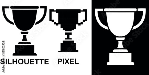 A detailed silhouette & pixel of a trophy cup showcasing vector design elements
