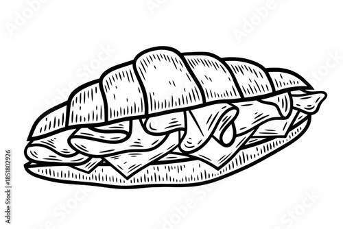 Croissant sandwich, hand drawn, monochrome engraving, line art style vector illustration isolated on white background