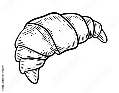 Croissant, hand drawn, monochrome engraving, line art style vector illustration isolated on white background
